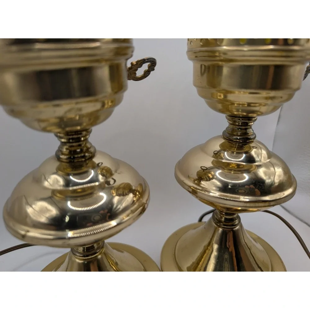 Vintage Pair Turn Key Brass Hurricane Parlor Lamp Bases Electric No Shades